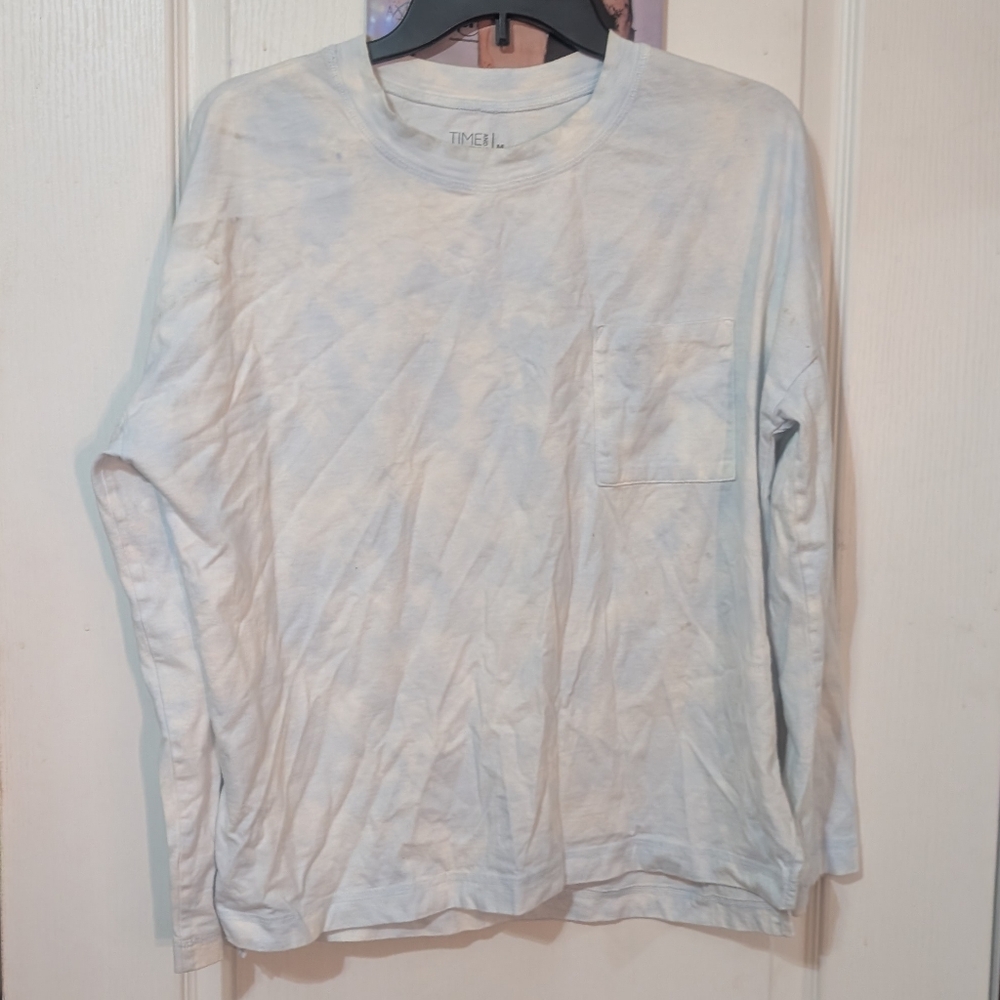 SALE Time and Tru Women's Long Sleeve Oversized T-Shirt Light Blue Tie Dye Med